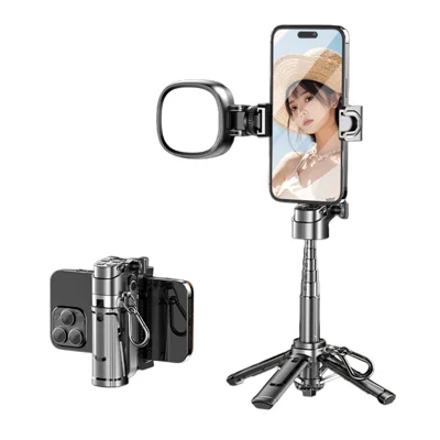 P25Y Mini Portable Selfie Stick with Single Pocket Fill Light Bluetooth-compatible Remote Tripod Stand Telescopic Phone Holder for Photography - Black