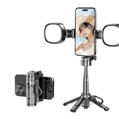 P25Y Mini Portable Selfie Stick with 2Pcs Pocket Fill Lights Bluetooth-compatible Remote Tripod Stand Telescopic Phone Holder for Photography - Black