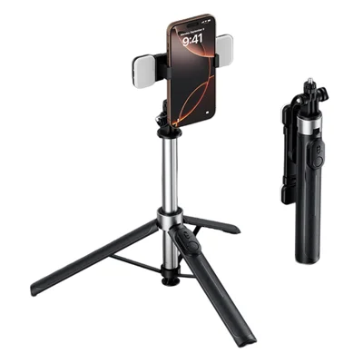 X2 Bluetooth-compatible Selfie Stick Tripod with Remote Control & 2Pcs Fill Lights 1.3m Extendable 4-Axis Stabilization Phone Holder for Live Streaming - Black