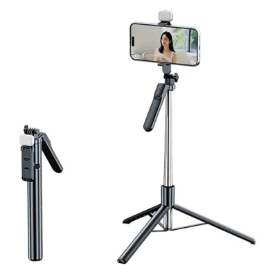 S7 Portable Bluetooth-compatible Remote Control Selfie Stick with Single Fill Light 1.7m Extendable Tripod Stand 4-Axis Anti-Shake Gimbal Phone Holder for Live Streaming Photography - Black