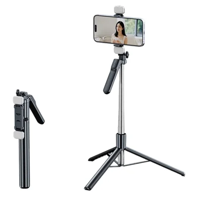 S7 Portable Bluetooth-compatible Remote Control Selfie Stick with 2Pcs Fill Lights 1.7m Extendable Tripod Stand 4-Axis Anti-Shake Gimbal Phone Holder for Live Streaming Photography - Black