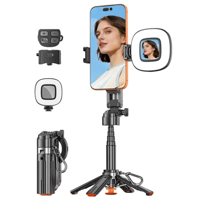 T13Y-C Extendable Selfie Stick with 1Pc Square Fill Light Magnetic Phone Holder Auto Pop-Up Tripod for Photography - Black