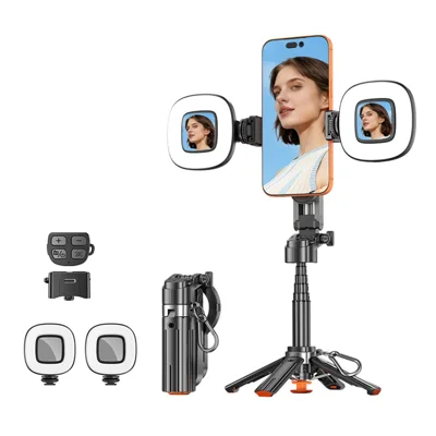 T13Y-C Extendable Selfie Stick with 2Pcs Square Fill Light Magnetic Phone Holder Auto Pop-Up Tripod for Photography - Black