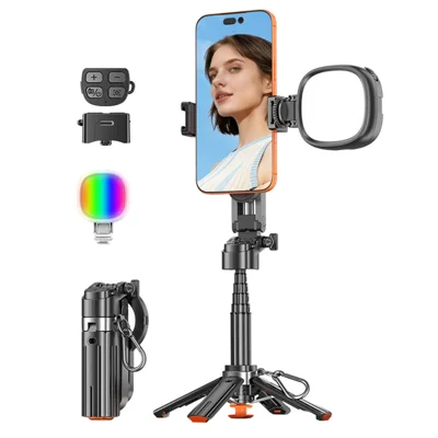 T13Y-C Extendable Selfie Stick with RGB Fill Light Magnetic Phone Holder Auto Pop-Up Tripod for Photography - Black