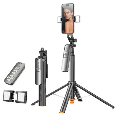 T05TK Bluetooth-compatible Tripod Selfie Stick with V2 Fill Lights Auto-Open Gimbal Stabilizer Remote Control Phone Stand for Photography - Black