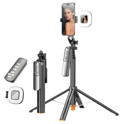 T05TK Bluetooth-compatible Tripod Selfie Stick with F1 Fill Light Auto-Open Gimbal Stabilizer Remote Control Phone Stand for Photography - Black