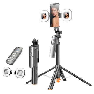 T05TK Bluetooth-compatible Tripod Selfie Stick with F2 Fill Lights Auto-Open Gimbal Stabilizer Remote Control Phone Stand for Photography - Black