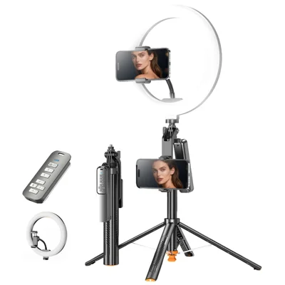 T05TK Bluetooth-compatible Tripod Selfie Stick with 10 Inch Round Fill Light Auto-Open Gimbal Stabilizer Remote Control Phone Stand for Photography