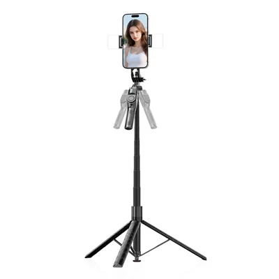 K51 185cm Auto-Open Tripod with Single Phone Holder + 2pcs A1 Fill Light Bluetooth-compatible Selfie Stick for Live Streaming - Black