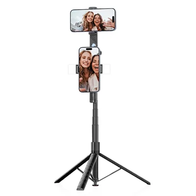 K51 185cm Auto-Open Tripod with Dual Phone Holder + 2pcs A1 Fill Light Bluetooth-compatible Selfie Stick for Live Streaming - Black