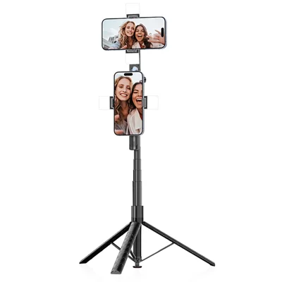K51 185cm Auto-Open Tripod with Dual Phone Holder + 4pcs A1 Fill Light Bluetooth-compatible Selfie Stick for Live Streaming - Black