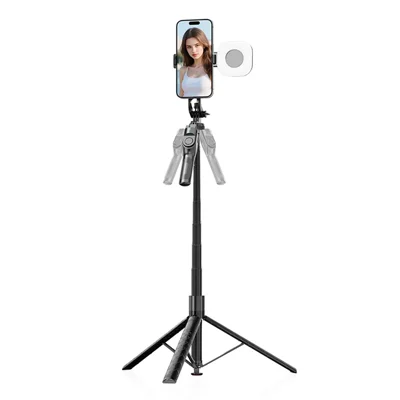 K51 185cm Auto-Open Tripod with Single Phone Holder + A10 Square Fill Light Bluetooth-compatible Selfie Stick - Black