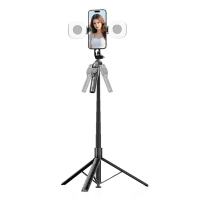 K51 185cm Auto-Open Tripod with Single Phone Holder + 2pcs A10 Square Fill Light Bluetooth-compatible Selfie Stick - Black