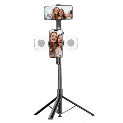 K51 185cm Auto-Open Tripod with Dual Phone Holder + 2pcs A10 Square Fill Light Bluetooth-compatible Selfie Stick - Black