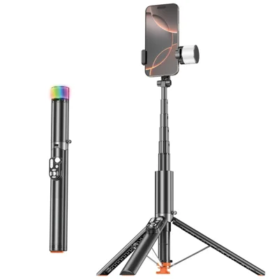 P28D 1.9m Extendable Selfie Stick Auto-Open Tripod with RGB Fill Light Bluetooth-compatible Remote for Live Streaming - Black