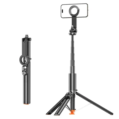 P28MF 1.93m Extendable Auto-Open Tripod Selfie Stick with Magnetic Phone Mount for Live Streaming Photography - Black