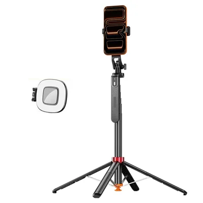 T185 1.75m Extended Selfie Stick with 1Pc Square Fill Light Aluminum Alloy Pole Tripod 360-Degree Pan-Tilt Head for Live Streaming - Black