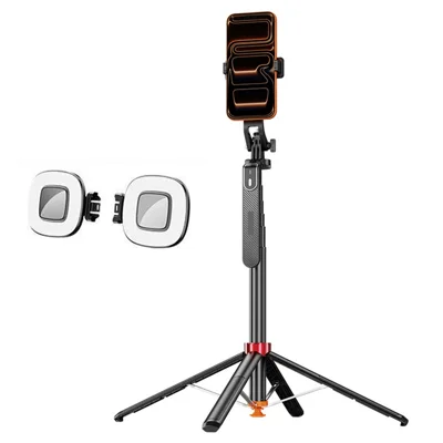 T185 1.75m Extended Selfie Stick with 2Pcs Square Fill Light Aluminum Alloy Pole Tripod 360-Degree Pan-Tilt Head for Live Streaming - Black