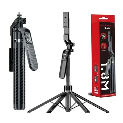 A14 180cm Aluminum Alloy Selfie Stick 360 Degree Gimbal Bluetooth-compatible Remote Tripod Stand for Live Streaming (without Fill Light) - Black