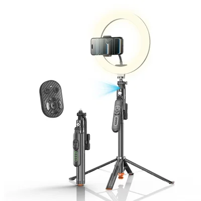 Q11 Phone Tripod Stand with 10 Inch Ring Light 1.83m Extendable AI Face Tracking Anti Shake ABS + Aluminum Alloy Selfie Stick for Photography - Black