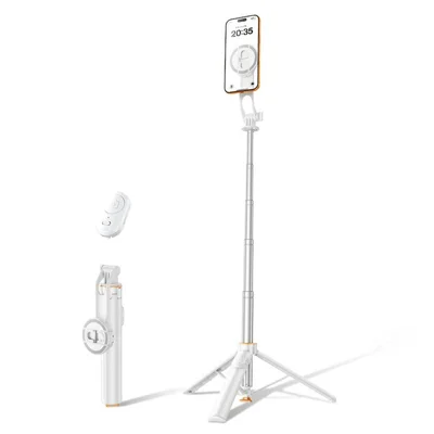 JAWASAI 1.5m Bluetooth-compatible Selfie Stick Tripod with Remote Control Magnetic + Clamp Mount 720° Rotation for Photography Vlog Live Streaming - White