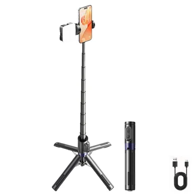 JAWASAI 1,3m Selfie-Stick Stativ Bluetooth 5.0, magnetische Ladung, Handy-Stativ für Reisefotografie – 1,3M Zoom Modell [4-Bein verstellbarer Stock + Beauty-Licht], Aluminium-Stock + Ladefernbedienung