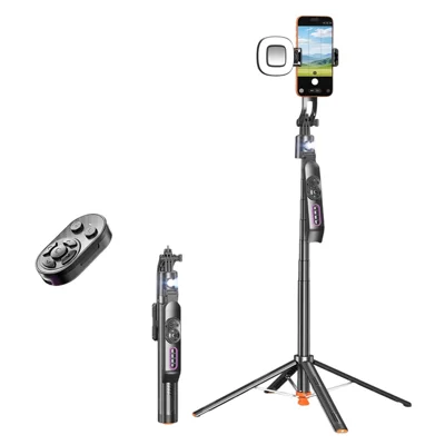 Q13TK Selfie Stick with 1Pc Square Fill Light 360° Face Tracking Anti-Shake Bluetooth-compatible 5.2 Remote - Black