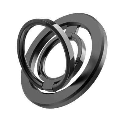 Double Ring Double Sided Magnetic Phone Ring Holder Ultra Strong Magnets 180° Flip Kickstand - Black
