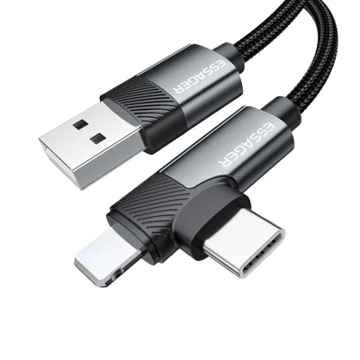 ESSAGER 2m USB-A to iP + Type-C 90 Degree Right Angle 3A Fast Charging Data Cable