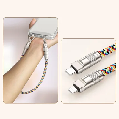 30cm Charging Cable Wrist Strap 27W Fast Charge Data Cord Phone Lanyard with Type-C to L-Port Connector - Multi-color