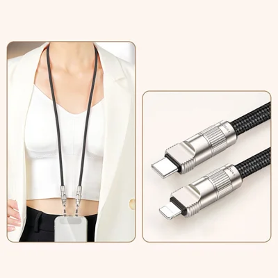 90cm Neck Strap Cell Phone Charging Cable Type-C to L-Port 27W Fast Charge Data Cord Necklace - Black