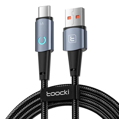 Toocki TQ-X02 1m USB-A to Type-C Cable 6A Fast Charging Data Sync Cord with LED Indicator - Grey