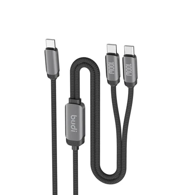 BUDI DC266TTT12B 1,2 m PD 100 W 2 i 1 USB-C til USB-C hurtig opladning datakabel med tekstilbeskyttelse