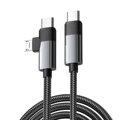ESSAGER 2m 65W Aluminum Alloy Data Cable 2 in 1 Type-C to Type-C+M Micro Fast Charging Cable - Grey