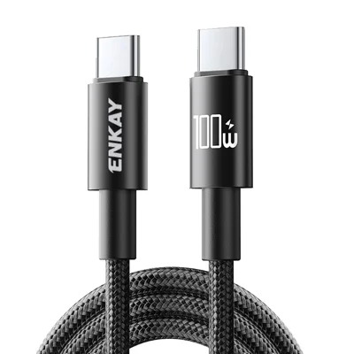 ENKAY HAT PRINCE 2m PD 100W Nylon Braided Type-C to Type-C Cable Fast Charging Data Transfer Cord with E-Marker Chip - Black