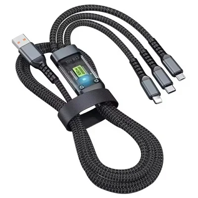 Cable de carga rápida 3 en 1 de 1,8 m y 100 W con puerto Type-C / iP / Micro USB, cable de carga USB con indicador LED para múltiples dispositivos