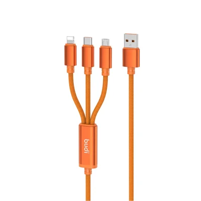BUDI DC271T315C 1,5 m USB-A til Type-C / iP / Micro 3-i-1 Nylonvevet Kabel 3A Hurtiglade Datakabel