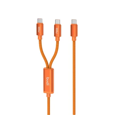 BUDI DC271TTT15C 1,5 m USB-C til Dual USB-C 100 W hurtigladekabel, nylonvevet datakabel