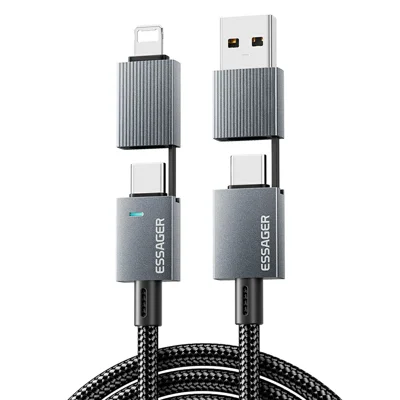ESSAGER 0,25 m câble tressé 4 en 1 USB-A / Type-C vers Type-C / iP câble de données rapide PD 240 W - Gris