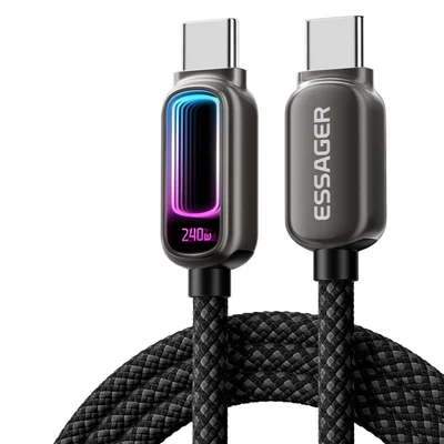 ESSAGER 2m 240W Fast Charging USB-C to USB-C 480Mbps Data Cable with Dynamic RGB Breathing Light - Tarnish