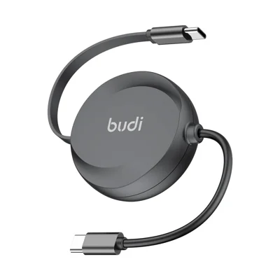 BUDI DC257TT10B 1 m, 65 W hurtig opladning, USB-C til USB-C, trækbar opladningskabel til dataoverførsel - Sort