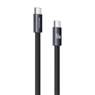 YESIDO CA206 1,2 м кабель USB-C – USB-C, быстрая зарядка PD 60 Вт, плетёный плоский кабель для данных — чёрный