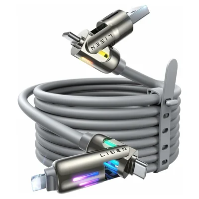 LISEN 240W 2 m câble USB 4 en 1 USB-A / USB-C vers USB-C / iP (5-14) câble de charge rapide en silicone pour iPhone Huawei Samsung Xiaomi - Gris