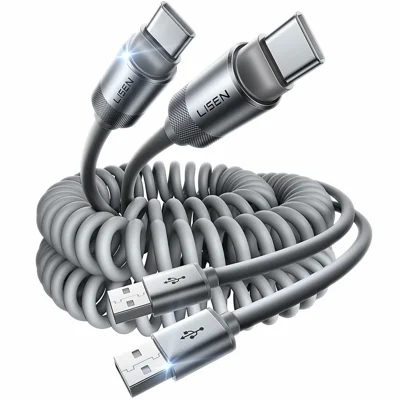 LISEN L114 2 pièces 1,5 m USB-A vers USB-C câble spiralé câble de charge stable CarPlay câble de données haute vitesse pour voiture - Gris