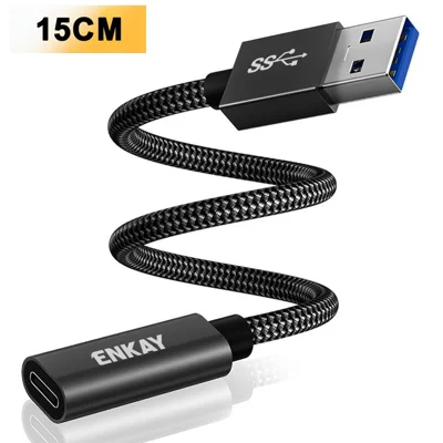 ENKAY ENK-AT136 15cm 10Gbps 60W USB 3.2 Type-C Female to USB-A Male Adapter Cable - Black