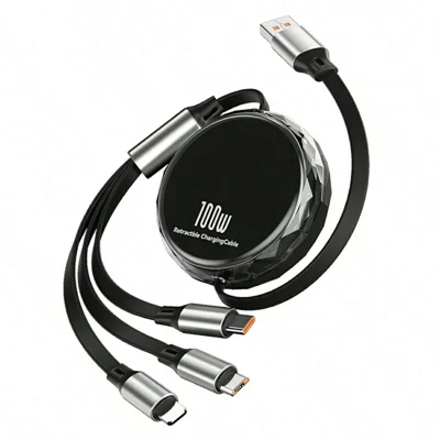 Cable retráctil de 1,1 m de 3 en 1 para iP / USB-C / Micro USB, cable de carga rápida de 100 W con soporte incorporado para teléfono