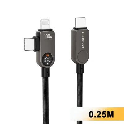 ESSAGER ES-X88 25cm 2 in 1 Type-C to Type-C + IP Cable 100W Power Display 480Mbps Data Cord - Genmetal Grey