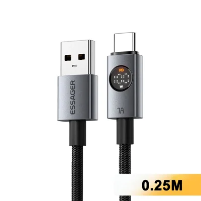 ESSAGER ES-X89 25cm USB-A to USB-C Cable 7A Digital Display 480Mbps Data Transfer Cord - Grey