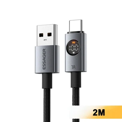 ESSAGER ES-X89 2m USB-A to USB-C Cable 7A Digital Display 480Mbps Data Transfer Cord - Grey