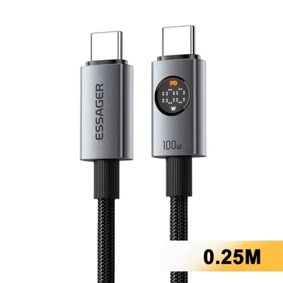 ESSAGER ES-X89 25cm Type-C to Type-C Cable 100W 5A LED Power Display USB 2.0 480Mbps Cord - Grey